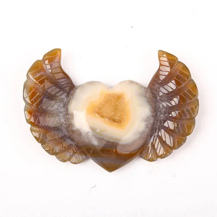 Hand Carved Druzy Agate Heart With Wings