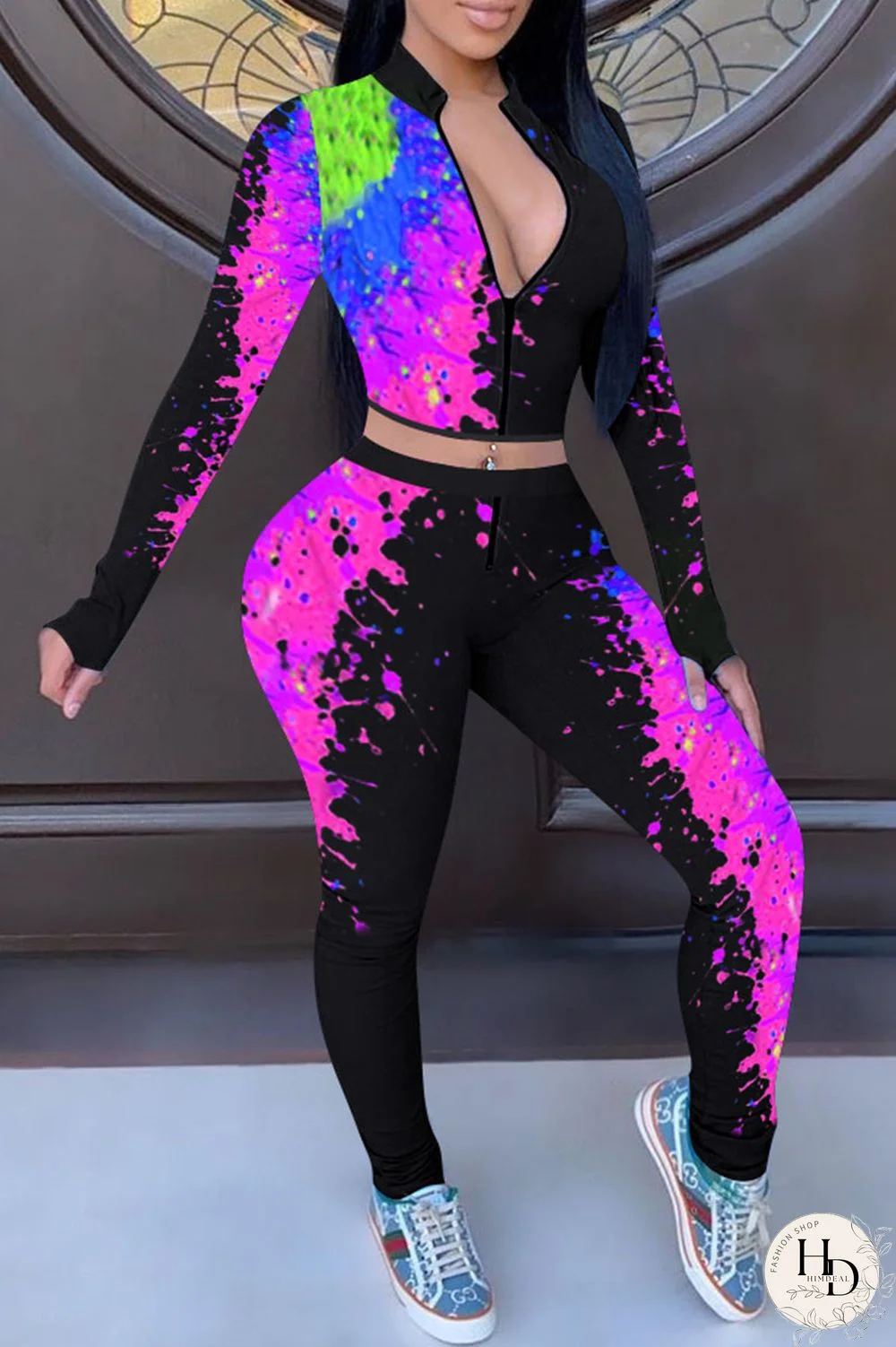 Yellow Casual Street Print Patchwork Zipper Collar Long Sleeve Two Pieces