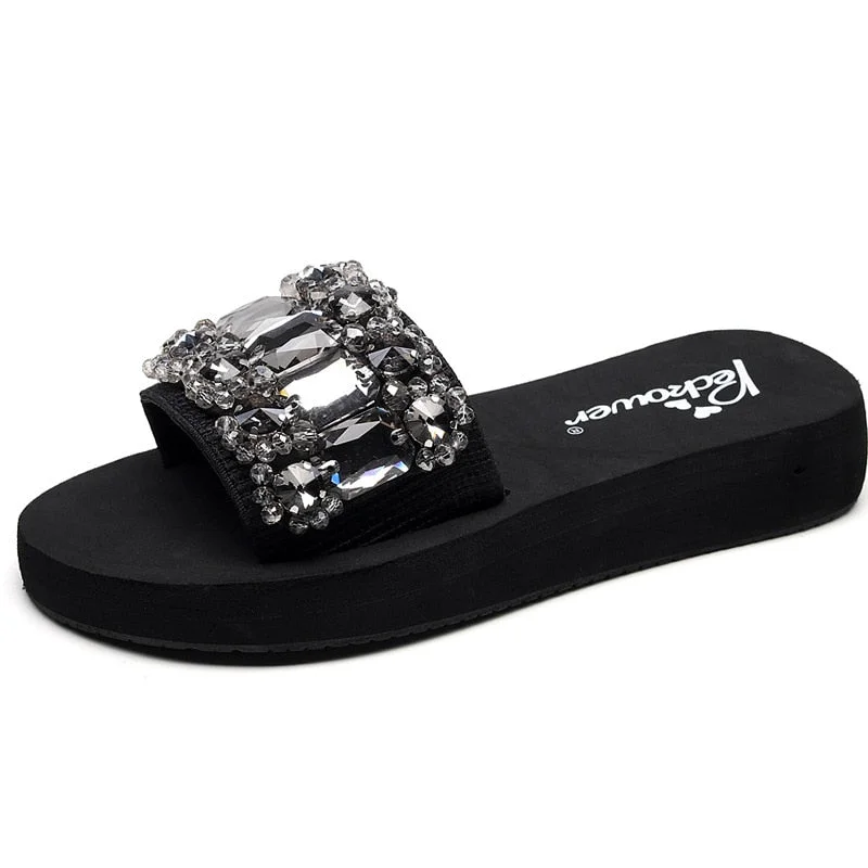 3-6cmHigh Heel Women's Summer Rhinestone Ladies Flip Flops Fashion Vacation Beach Shoes Non Slip Slip House Slippers ShoesWomen