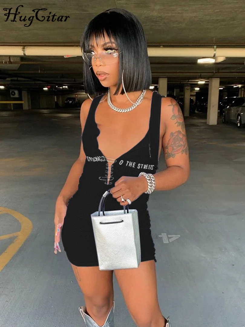 Hugcitar 2021 Sleeveless  Mini Dress Patchwork  With Corset Patchwork Zipper Bodycon Sexy Streetwear Casual Y2K