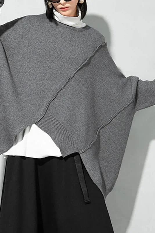 Women O-neck Knitted Irregular Hem Pure Color Sweater