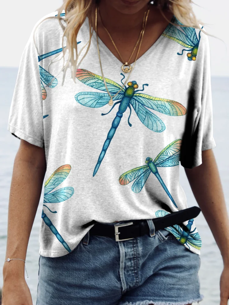 Dragonflies Print V Neck T Shirt