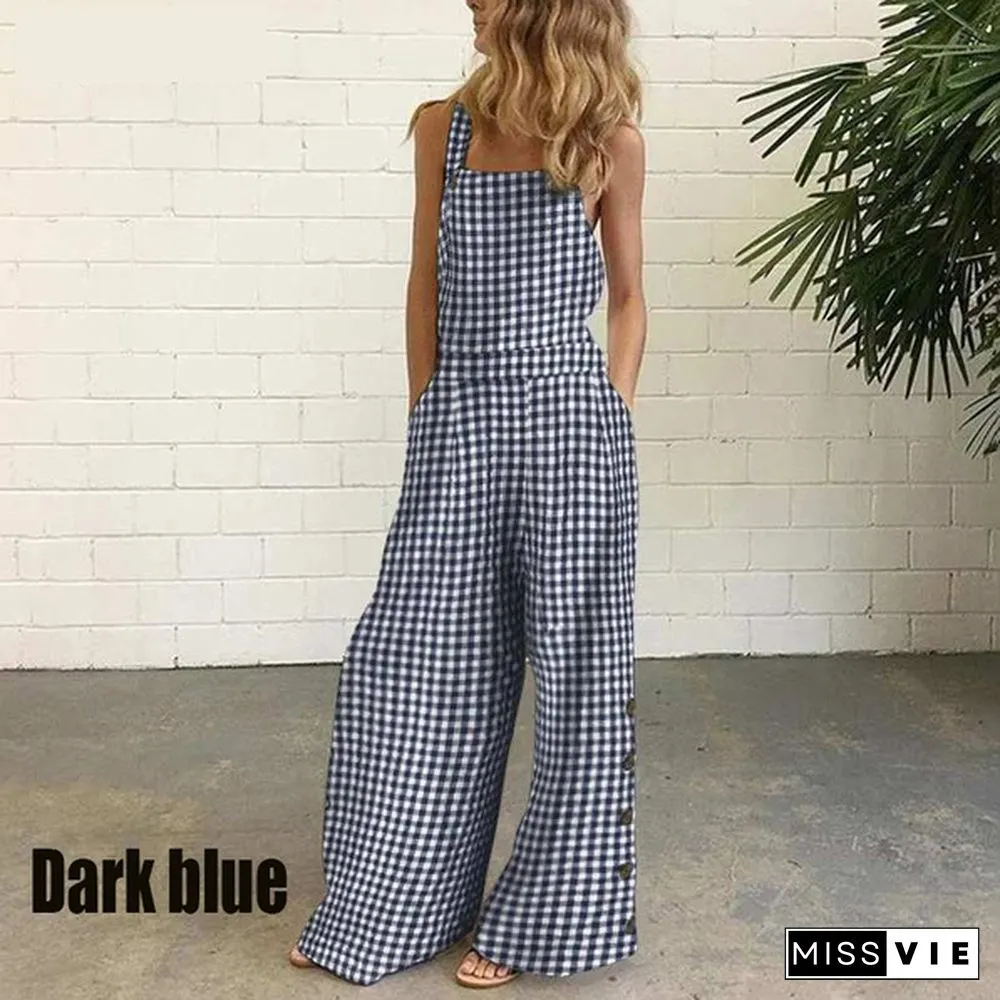 New Fashion Women's Summer Sleeveless Wide Leg Jumpsuit Rompers Plaid Pants with Pockets Long Trousers Suspenders Overalls Pantalon Femme
