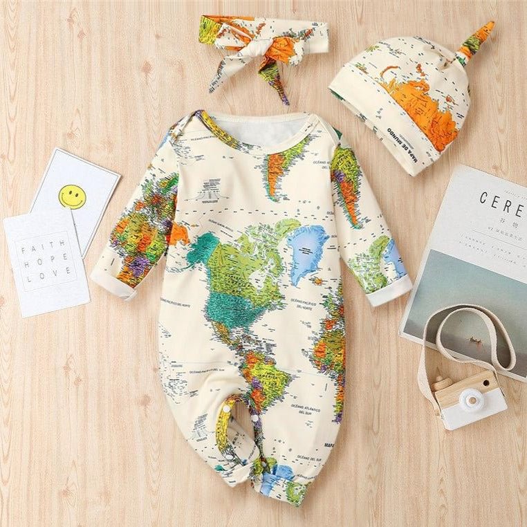3PCS Cute Map Printed Long Sleeve Baby Jumpsuit