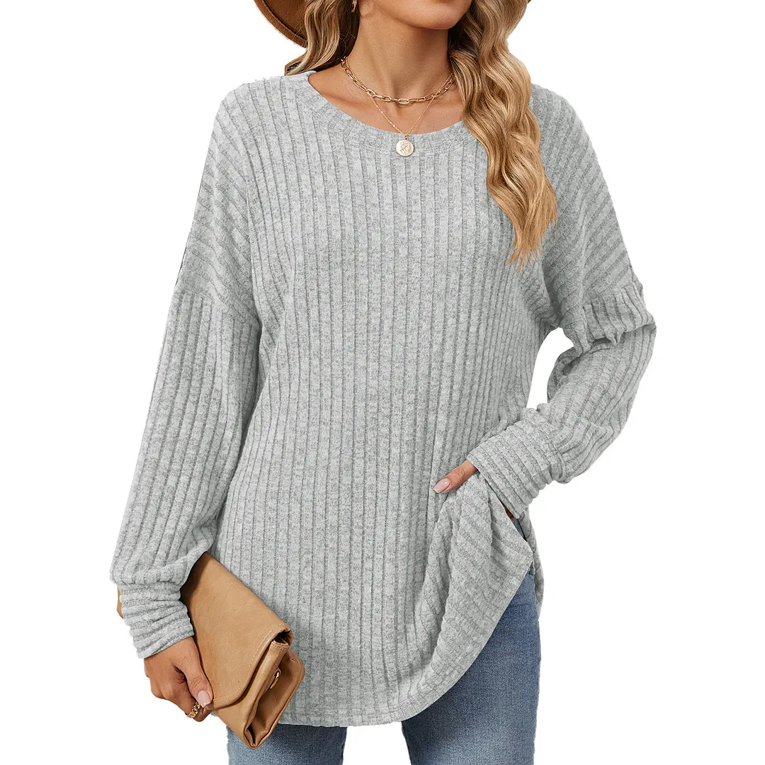 Churchf Churchf / Winter 2024 New Round Collar Pit Strip Solid Color Casual Long-Sleeved T-Shirt Top