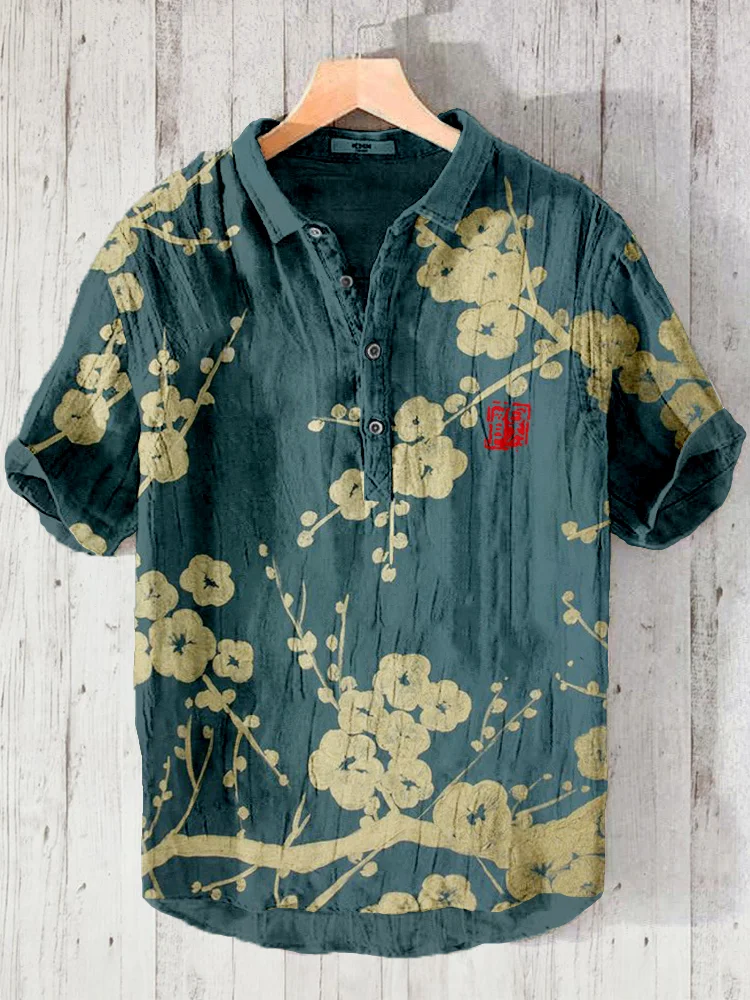 Comstylish Japanese Plum Blossom Art Linen Blend Short Sleeve Shirt