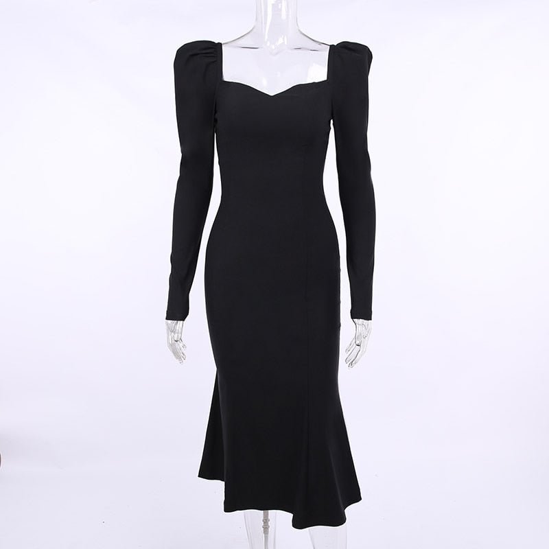 WannaThis Knitted Women Dress Long Sleeve Square Collar Sexy Ruffle Hem Office Lady Elegant Black Fashion Maxi Robe Female 2021