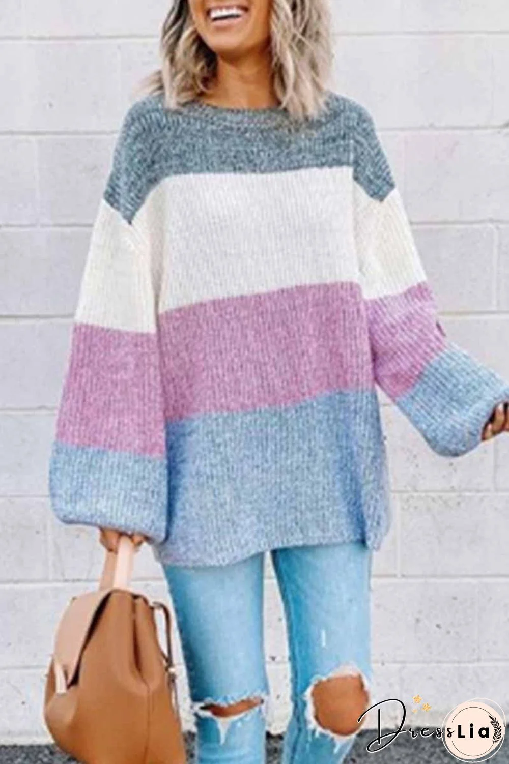 Contrast Striped Loose Round Neck Sweater