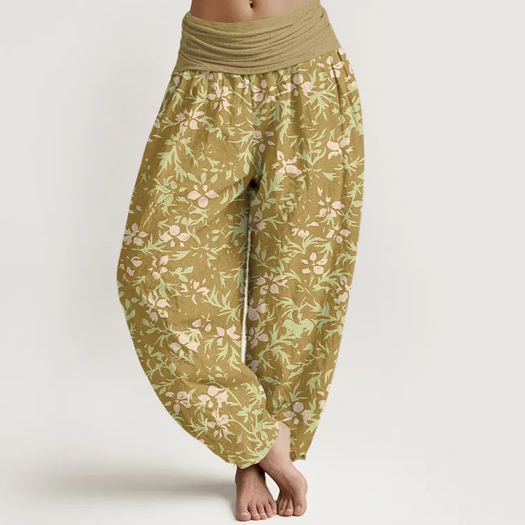 Cotton Abstract Flowers Leaves Pattern Women's Elastic Waist Harem Pants