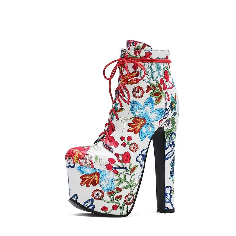 Gdgydh Lacing Very Ultra High Heel Boots For Women Fashion Flowers Vintage Ankle Boots Ladies Party Shoes Spring Autumn Big Size