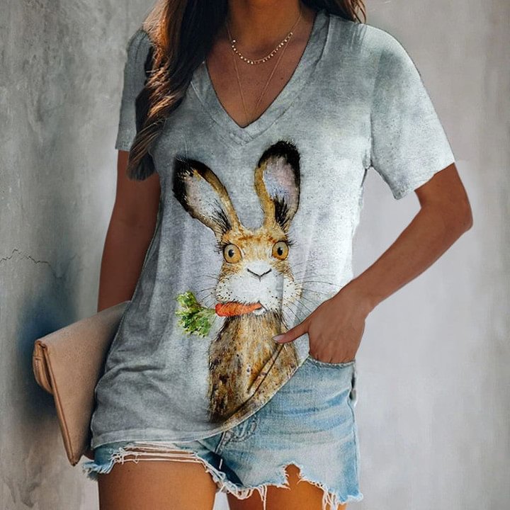Bunny Easter Printed V-neck Women's Tees