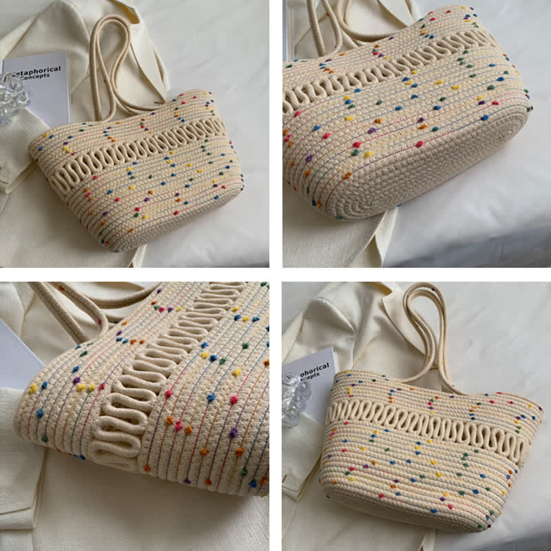 Vintage Colorblock Dot Hollow Boho Handmade Straw Tote Bag