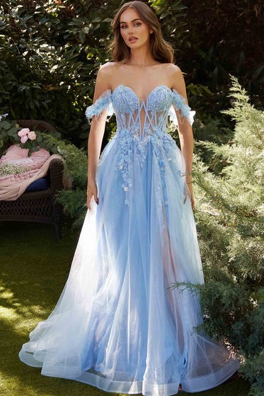 Ovlias Classy Blue Off-the-shoulder Applique Layered Tulle Prom Dress LY0758