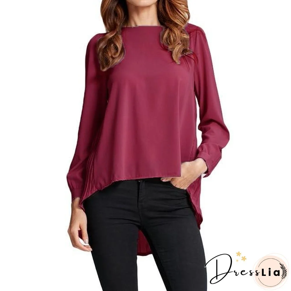 Chiffon Blouse Pleated Back Long Sleeve Asymmetric Shirt Loose Casual Plus Size Tops