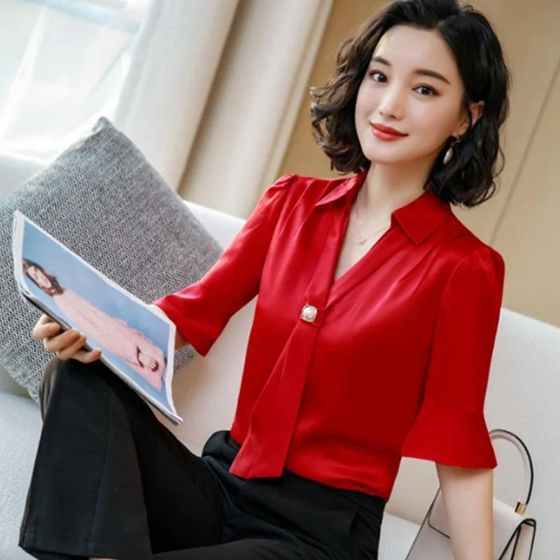 Korean Silk Women Blouses Woman Satin Blouse Tops Plus Size Blusas Mujer De Moda Women V Neck Soild Shirt Top Camisas Mujer