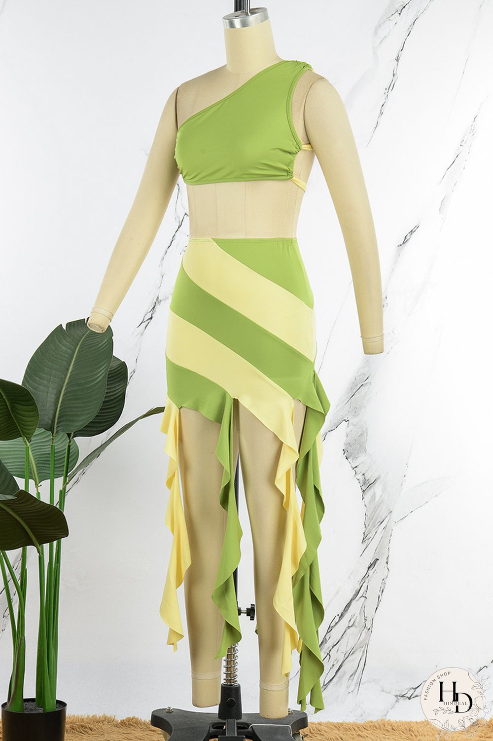 Rose Red Sexy Patchwork Tassel Bandage Backless Contrast Oblique Collar Sleeveless Two Pieces