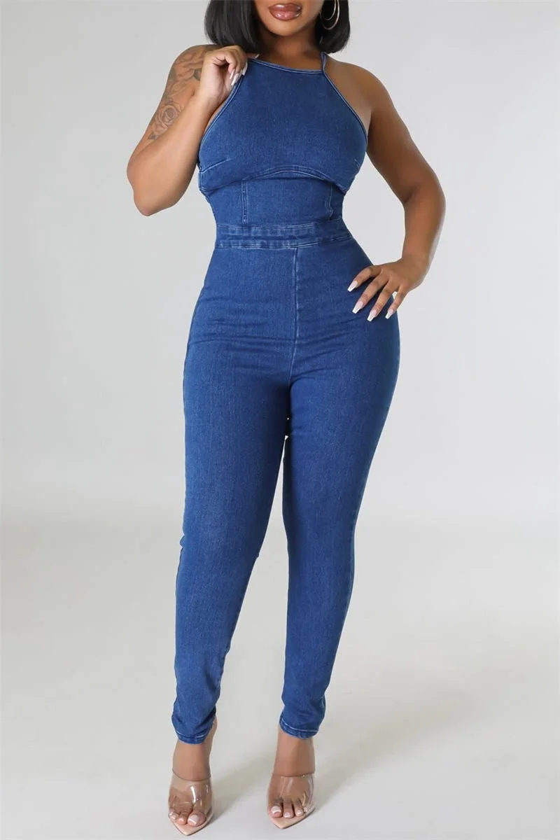 Sexy Casual Solid Backless Cross Straps Spaghetti Strap Skinny Jumpsuits