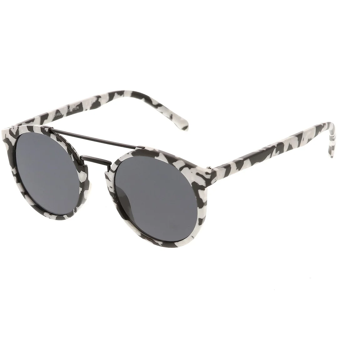 Modern Horn Rimmed glasses Marble Print Double Crossbar Round Flat Lens 50mm