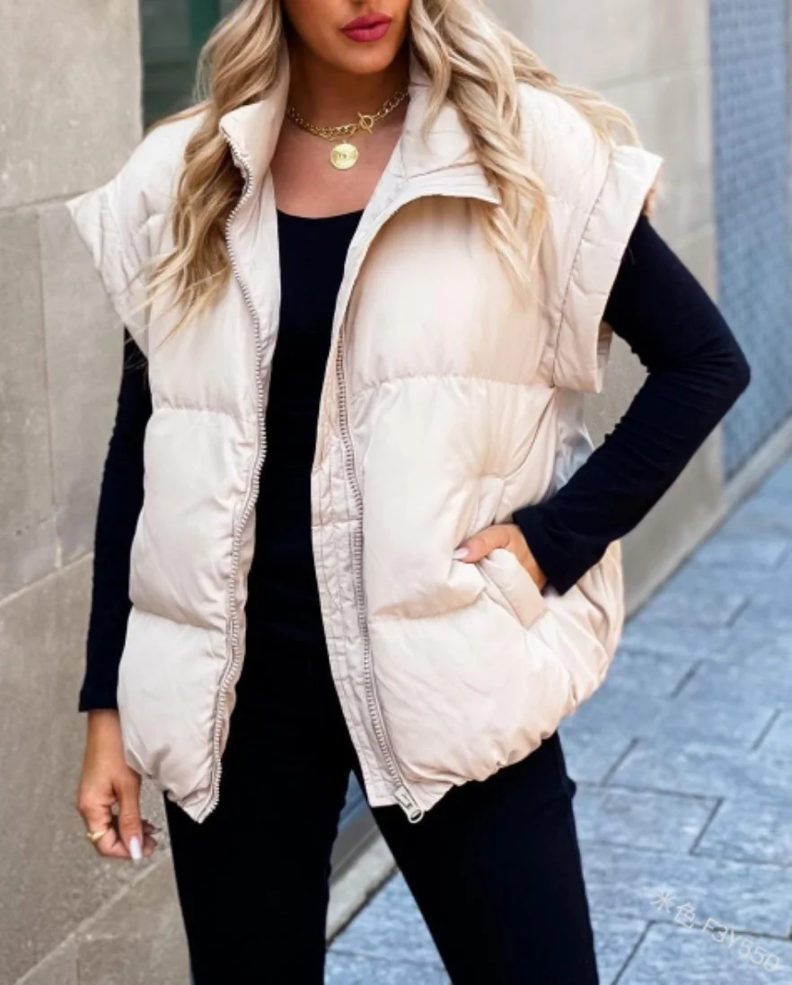 Toloer 2024 New Women's Solid Color Zip Pocket Cotton-Padded Jacket Vest Fashion Standing Collar Temperament Commuter Coat-Outfit Ideas
