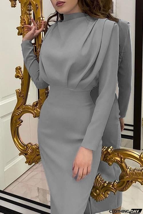 High Collar Empire Waist Long Sleeve Dress