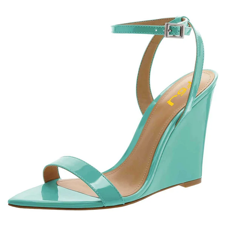 Turquoise Wedge Heels Patent Leather Slingback Ankle Strap Sandals |FSJ Shoes