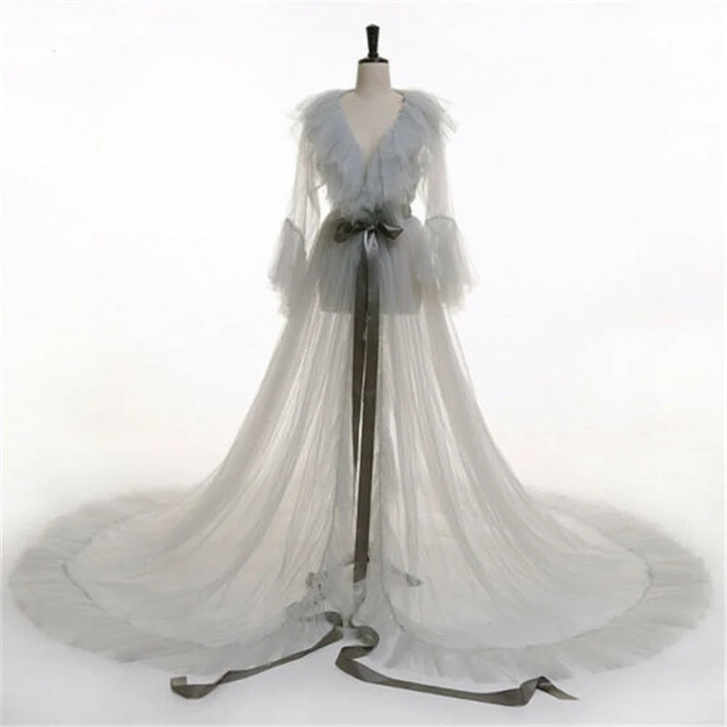 Sexy Women  Lace Sheer Mesh Tulle Perspective V neck layered Ruffles Maxi Floor Long Bath Robe Gown Sleepwear Dresses