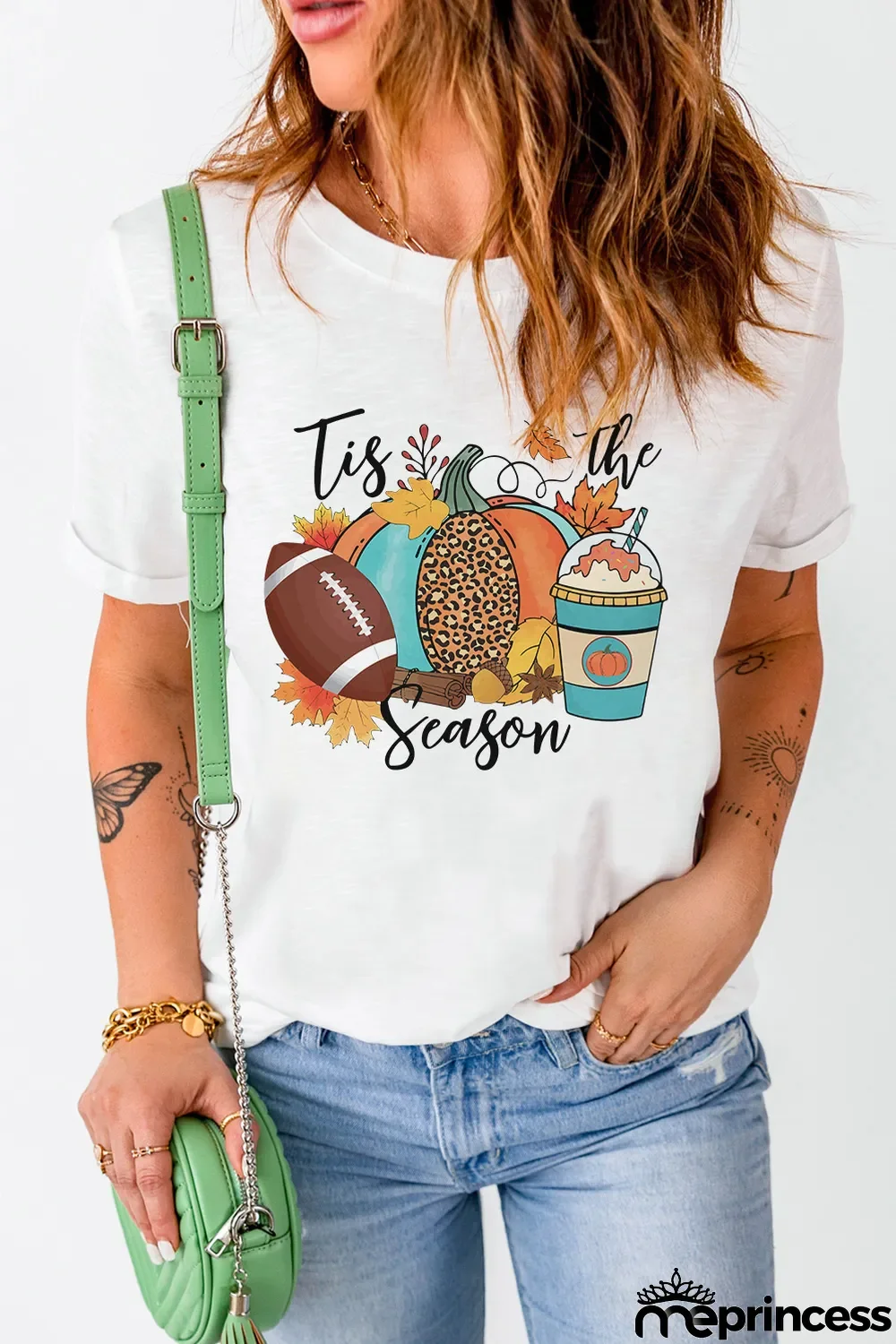 White Tis The Season Pumpkin Graphic Print Crew Neck T Shirt