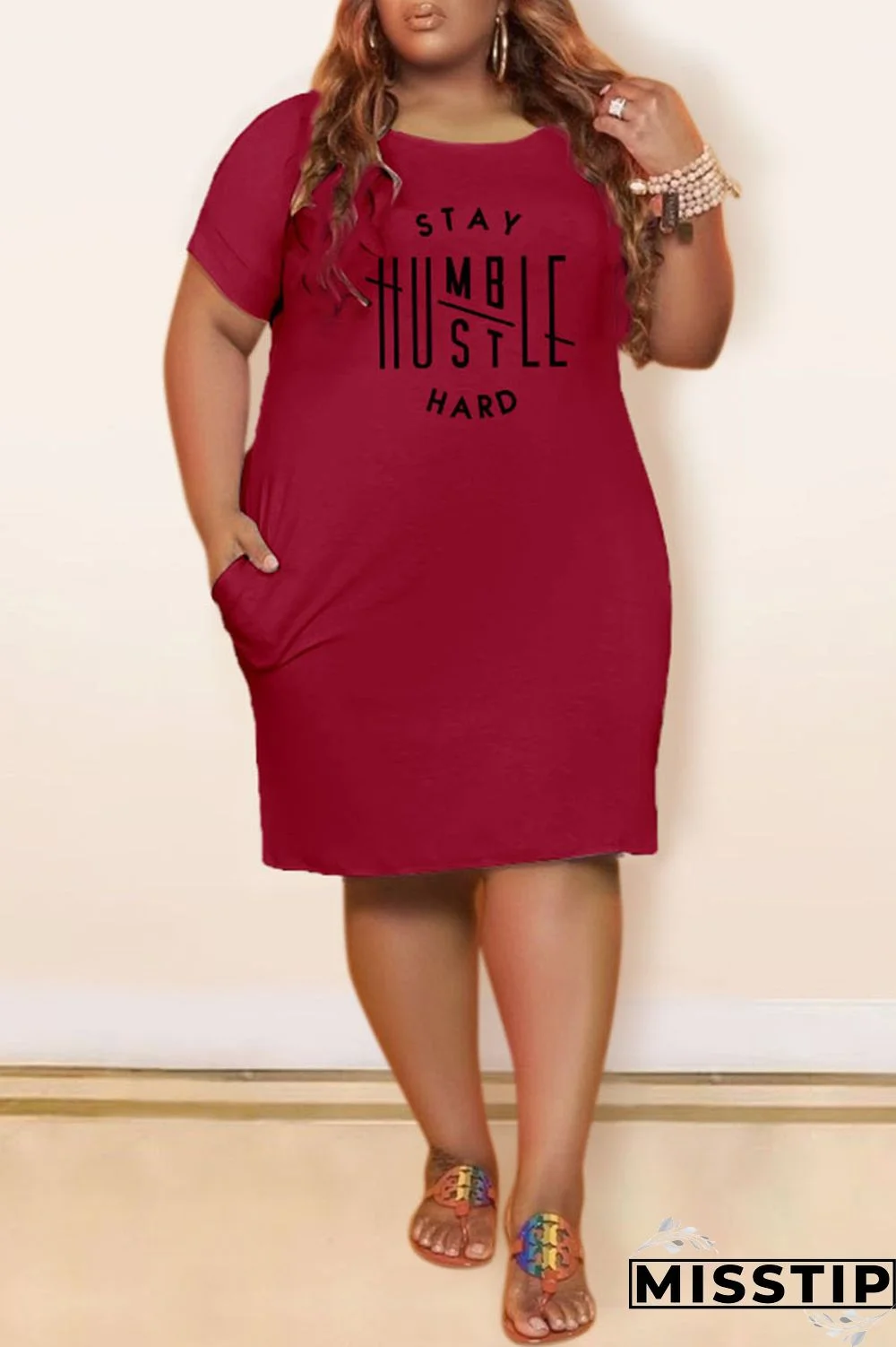 Burgundy Fashion Casual Letter Print Basic O Neck Short Sleeve Dress Plus Size Dresses