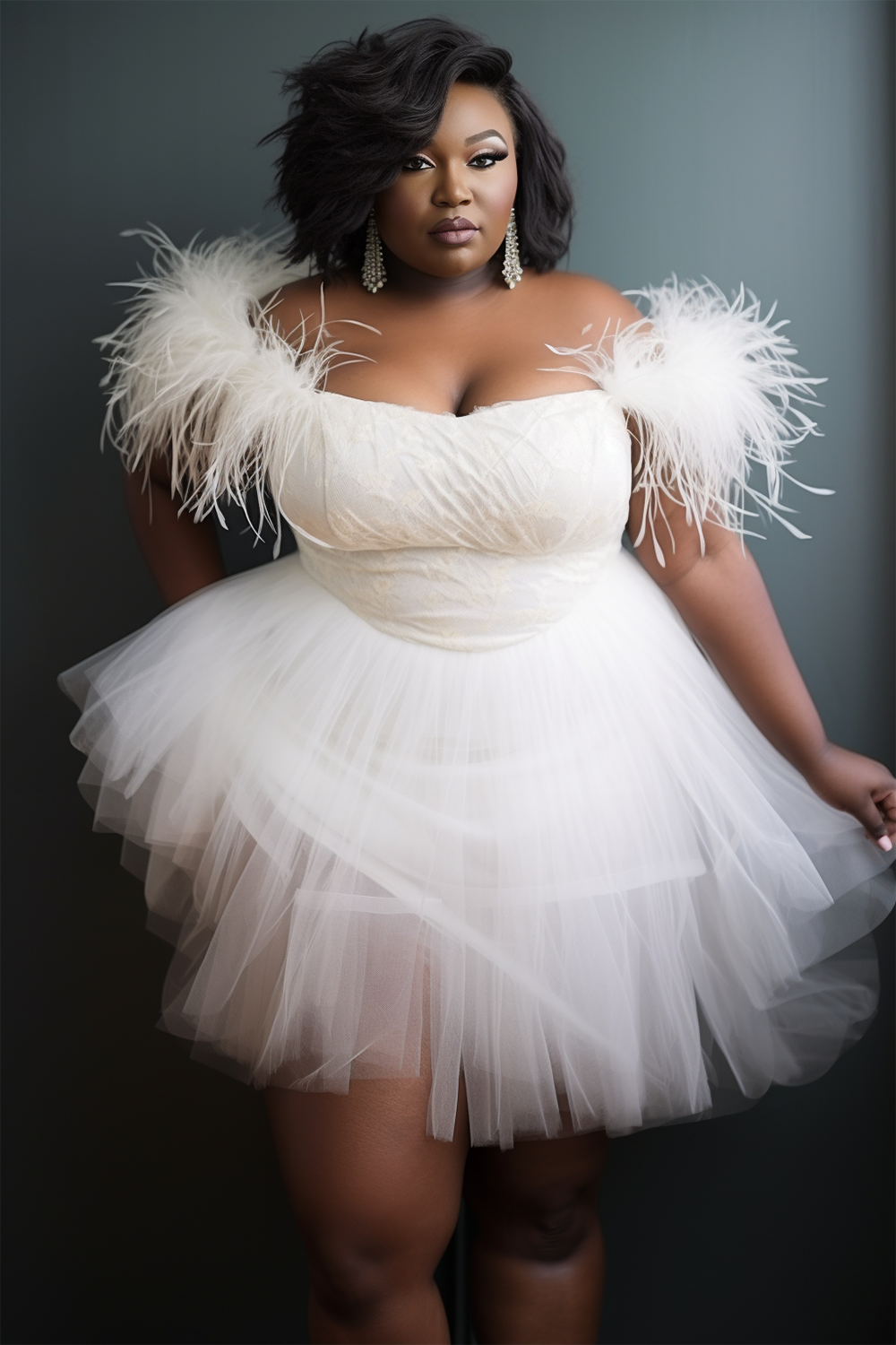 Design Plus Size Party Mini Dresses White Spring Summer Off The Shoulder Feather Tulle Mini Dresses [Pre-Order]