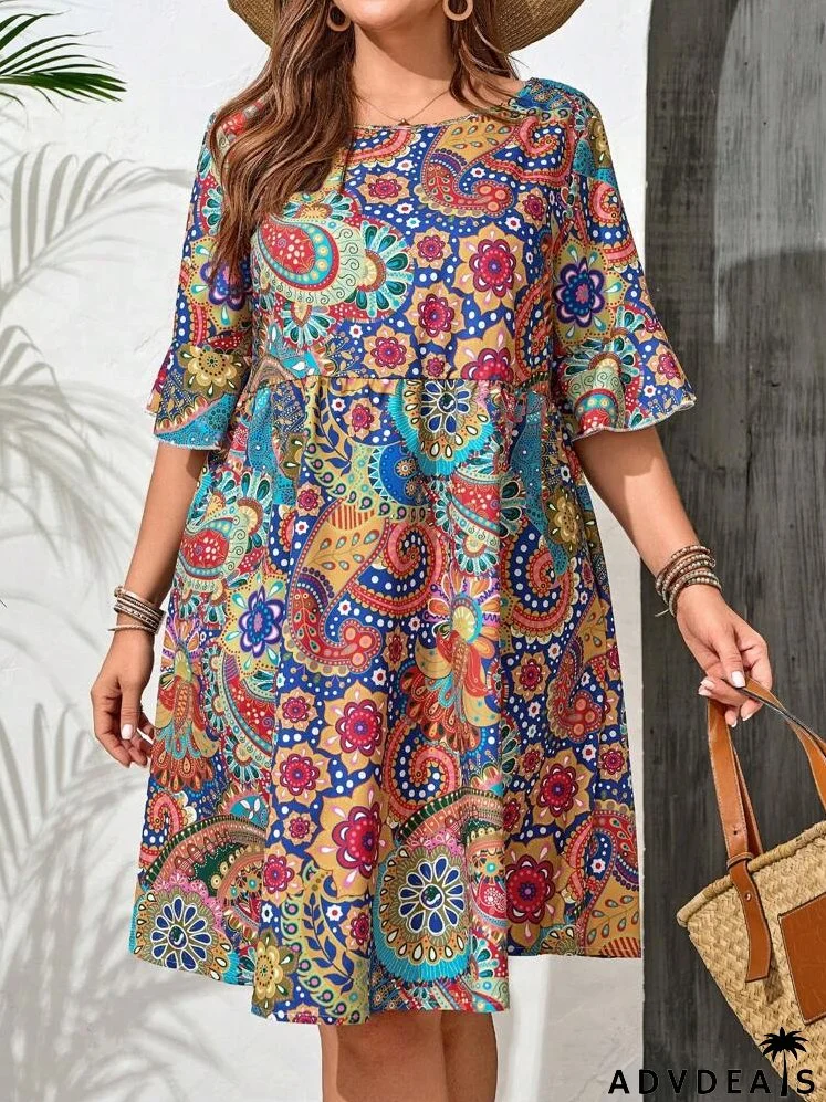 Plus Size Summer Round Neck All-Over Allover Print Holiday Dress