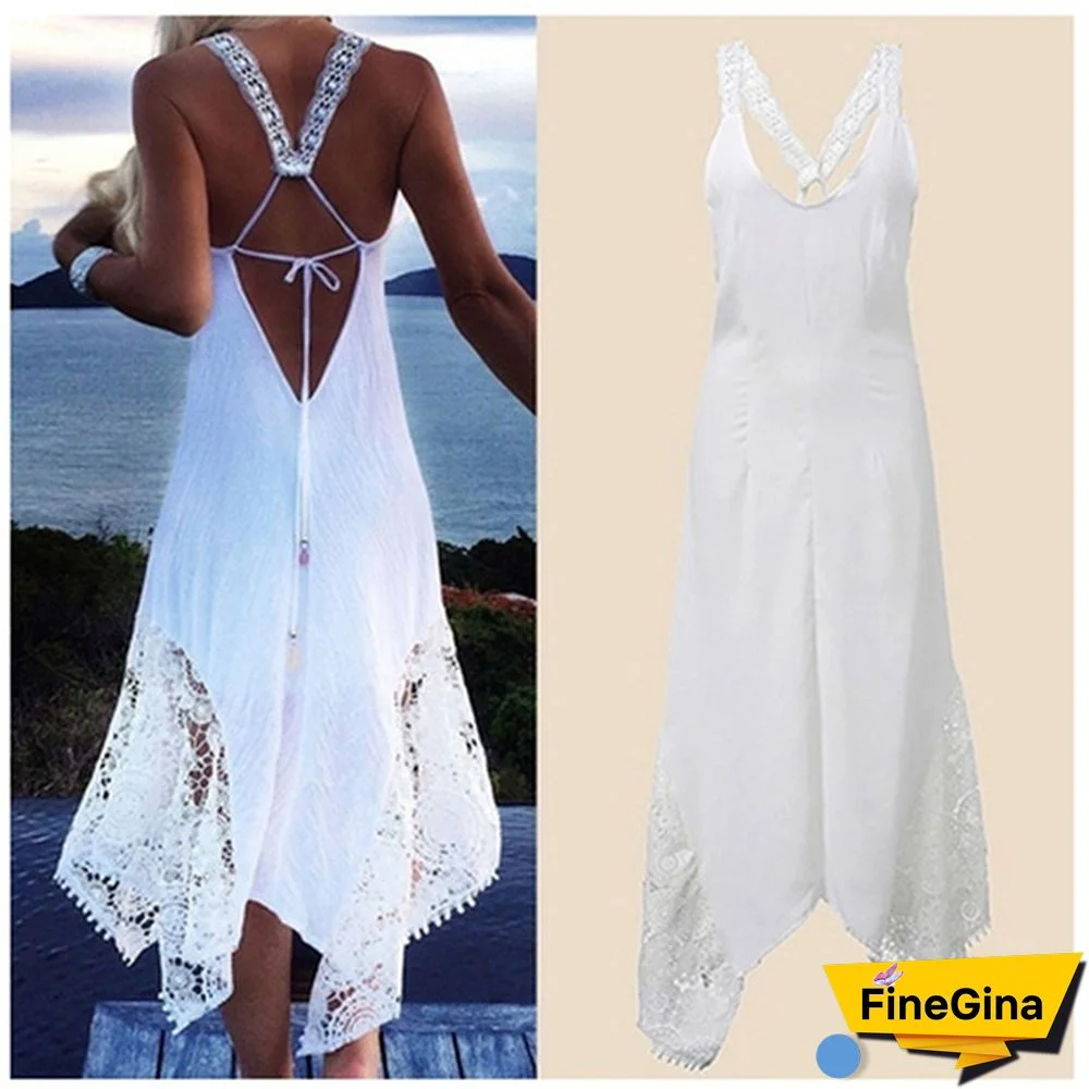 Vintage White Beach Dress Sleeveless O-Neck Black Crocheted Lace Flowers Dresses Women Silk Cotton Sun Gown