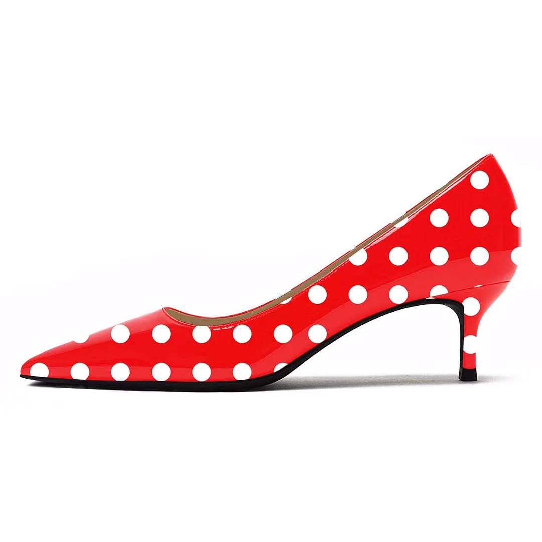 Red Patent Leather Polka Dot Pointed Toe Kitten Heel Pumps for Women
