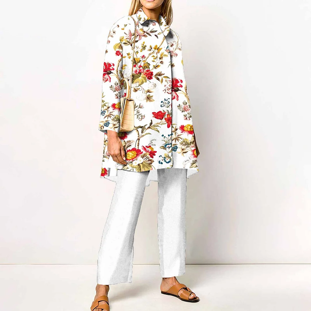 Fashionable Floral Temperament And Elegant Style Long Sleeved Shirt Two Piece Set