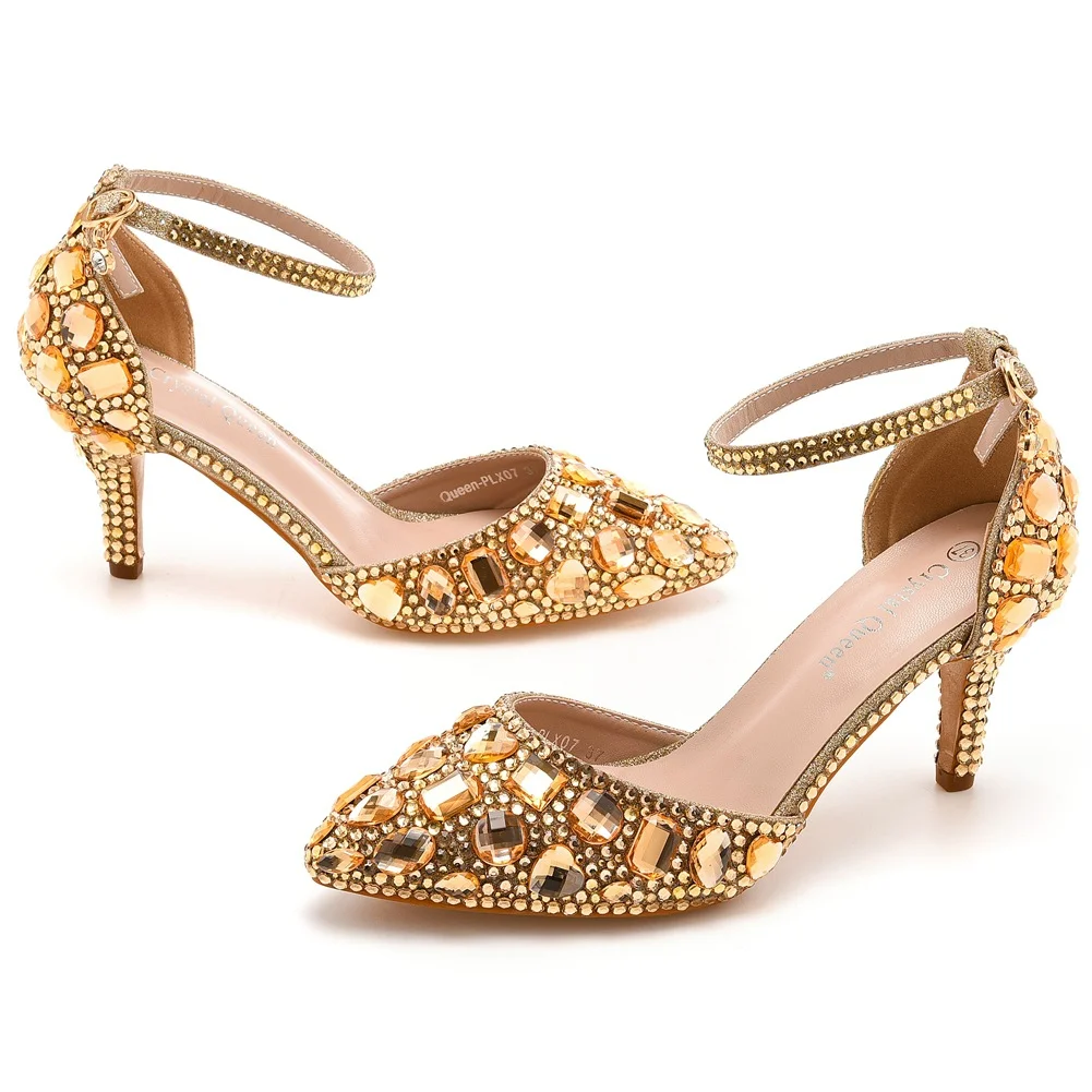 Breakj Breakj Cm Large-Size Sandals Fine Heel Head Water Drill High Heel Sandals Gold Water Drill High Heels Wedding Shoes