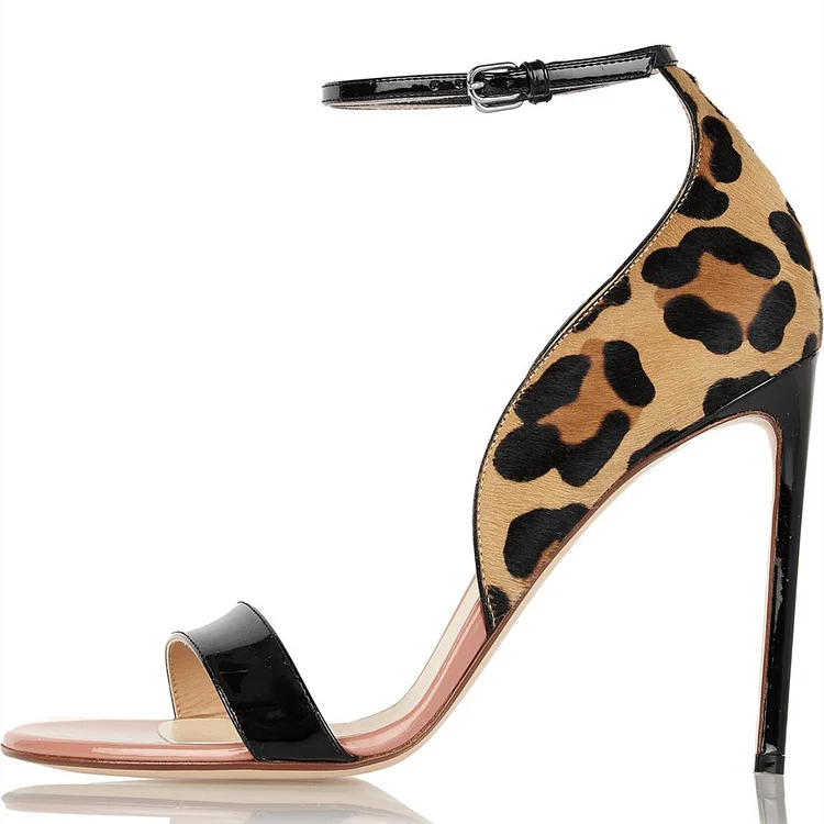 Leopard Print Heels Open Toe Stiletto Heel Ankle Strap Sandals |FSJ Shoes