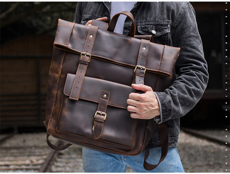Outdoor Model Show of Woosir Genuine Leather 17" Laptop Backpack