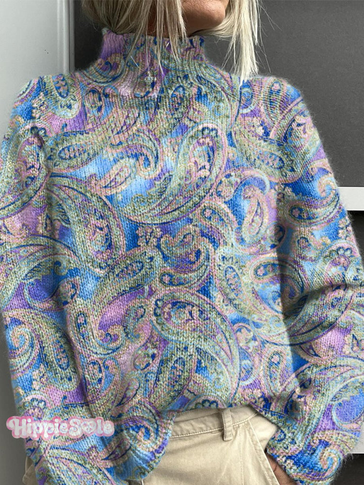 Women’s Paisley Floral Art Print Knit Turtleneck Pullover Sweater Multicolor / S