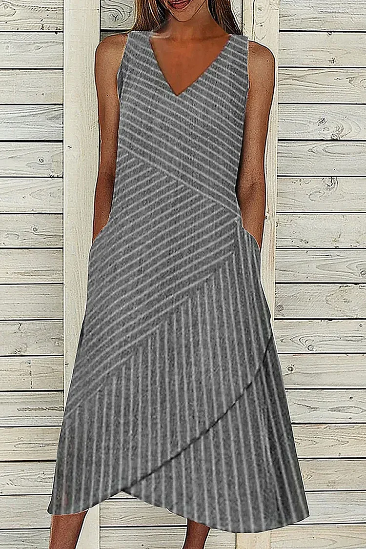 Flycurvy Plus Size Casual Dark Grey Cotton And Linen Striped Print V Neck Tea-Length Dress