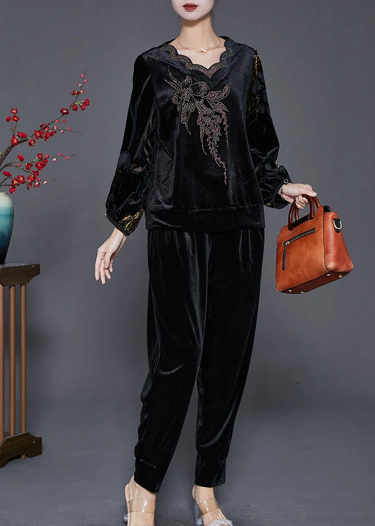 DIY Black Hollow Out Zircon Silk Velour 2 Piece Outfit Fall