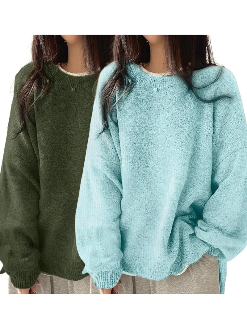 Women's Drop Shoulder Split Hem Sweater, Casual Long Sleeve Round Neck Jumper, Women's Knitwear Top for Fall & Winter, Sweaters for Women
