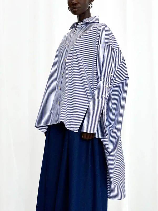 Long Sleeve Front Button Striped Irregular Blouses