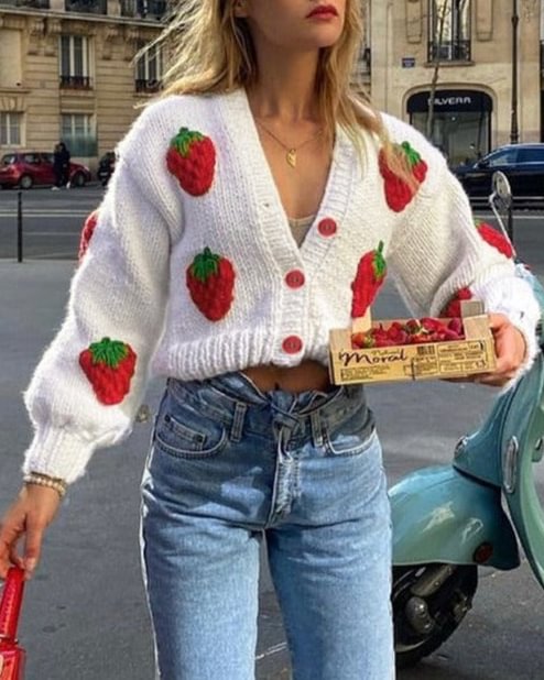 Knitted Cardigan with Embroidered Strawberries