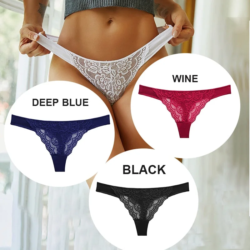 FINETOO 3PCS/Set M-XL Cotton G-string Women Lace Panties Sexy Woman Thong Underwear Lingerie Lace Pantys Femme T-Back Underpants
