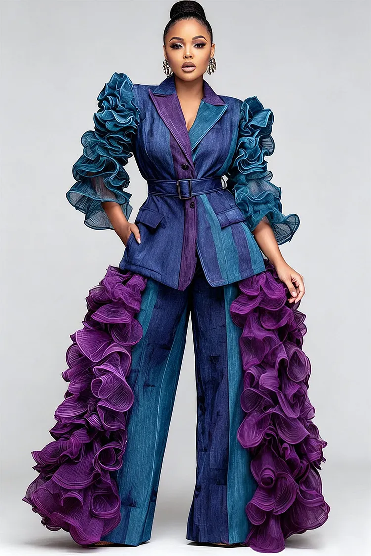 Xpluswear Design Plus Size Formal Blue Turndown Collar Half Sleeve Ruffle Contrast Tulle Two Piece Pant Suits [Pre-Order] 2024 - Xpluswear