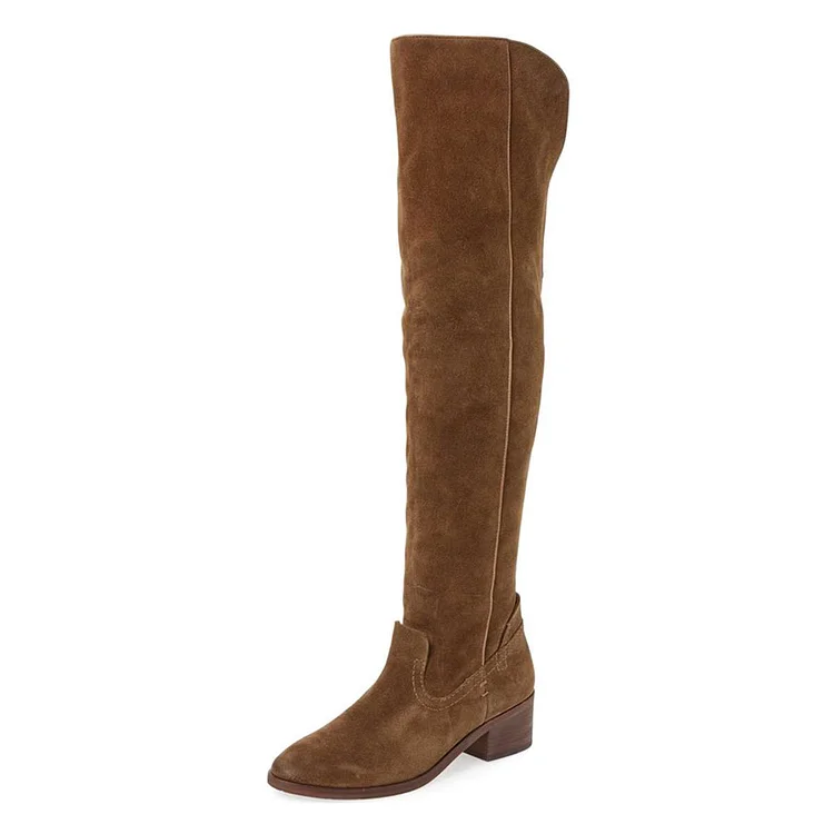 Brown Vegan Suede  Block Heels Over-the-knee Long Boots with Zipper |FSJ Shoes