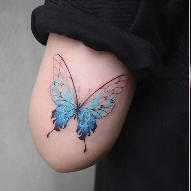 Sdrawing Flame Butterfly Dark Rose Tattoo Stickers Men Women Romantic Blue Flame Flower Art Fake Tattoo Personality Arm Tattoo Stickers