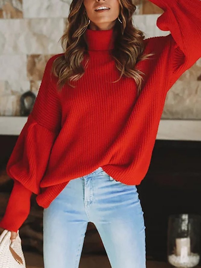 Turtleneck Knitted Balloon Sleeve Shift Casual Statement Sweaters