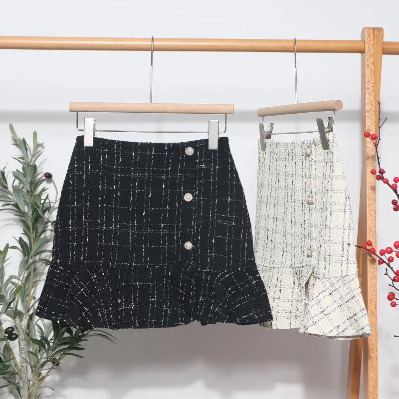 Brownm 2023 New Autumn And Winter Lattice Coarse Flowers Half-Body Skirt High Waist A-Word Bag Hip Irregular Fishtail Skirt 8876