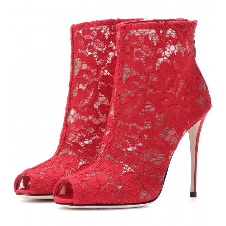 Red Lace Peep Toe Booties Stiletto Heels Ankle Boots Wedding Shoes |FSJ Shoes