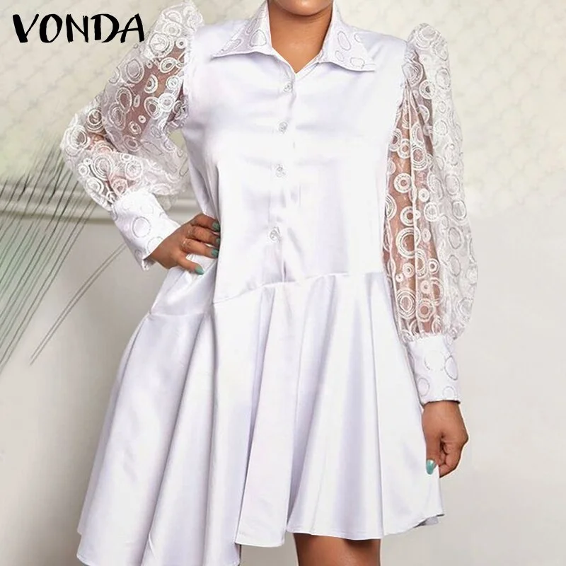 VONDA Women Knee-Length Dress 2022 Casual Button Down 3/4 Sleeve Lapel Collar Shirt Dresses Casual Irregular Hem Baggy Sundress